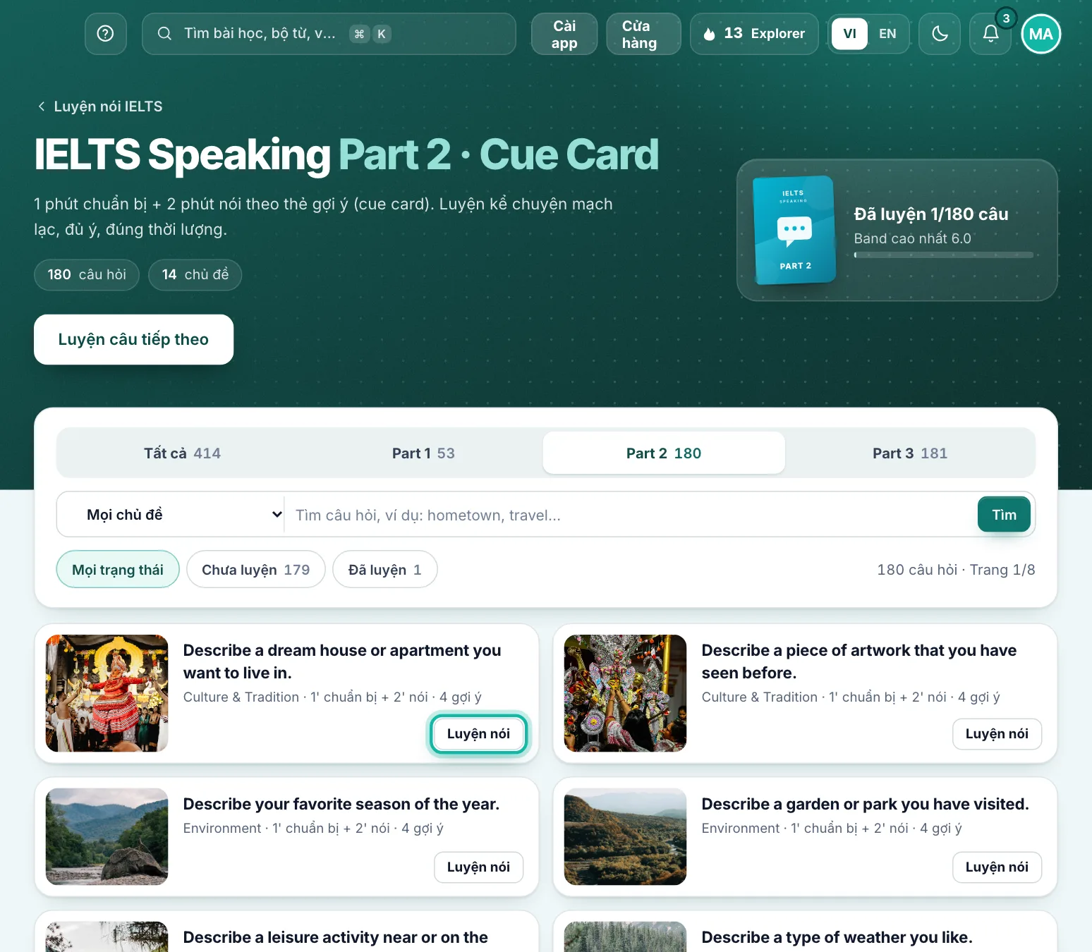 Kho đề Speaking Part 2, nút Luyện nói của một câu được khoanh