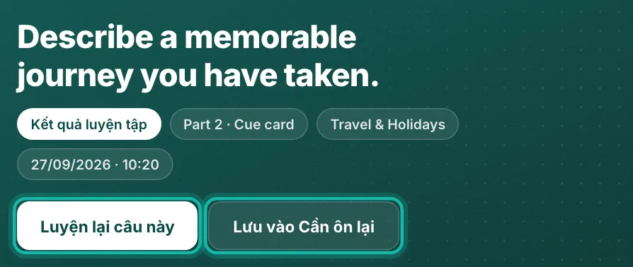 Đầu trang kết quả, nút Luyện lại câu này và Lưu vào Cần ôn lại được khoanh