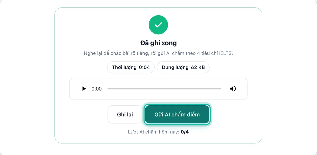 Bài vừa ghi âm, nút Gửi AI chấm điểm được khoanh