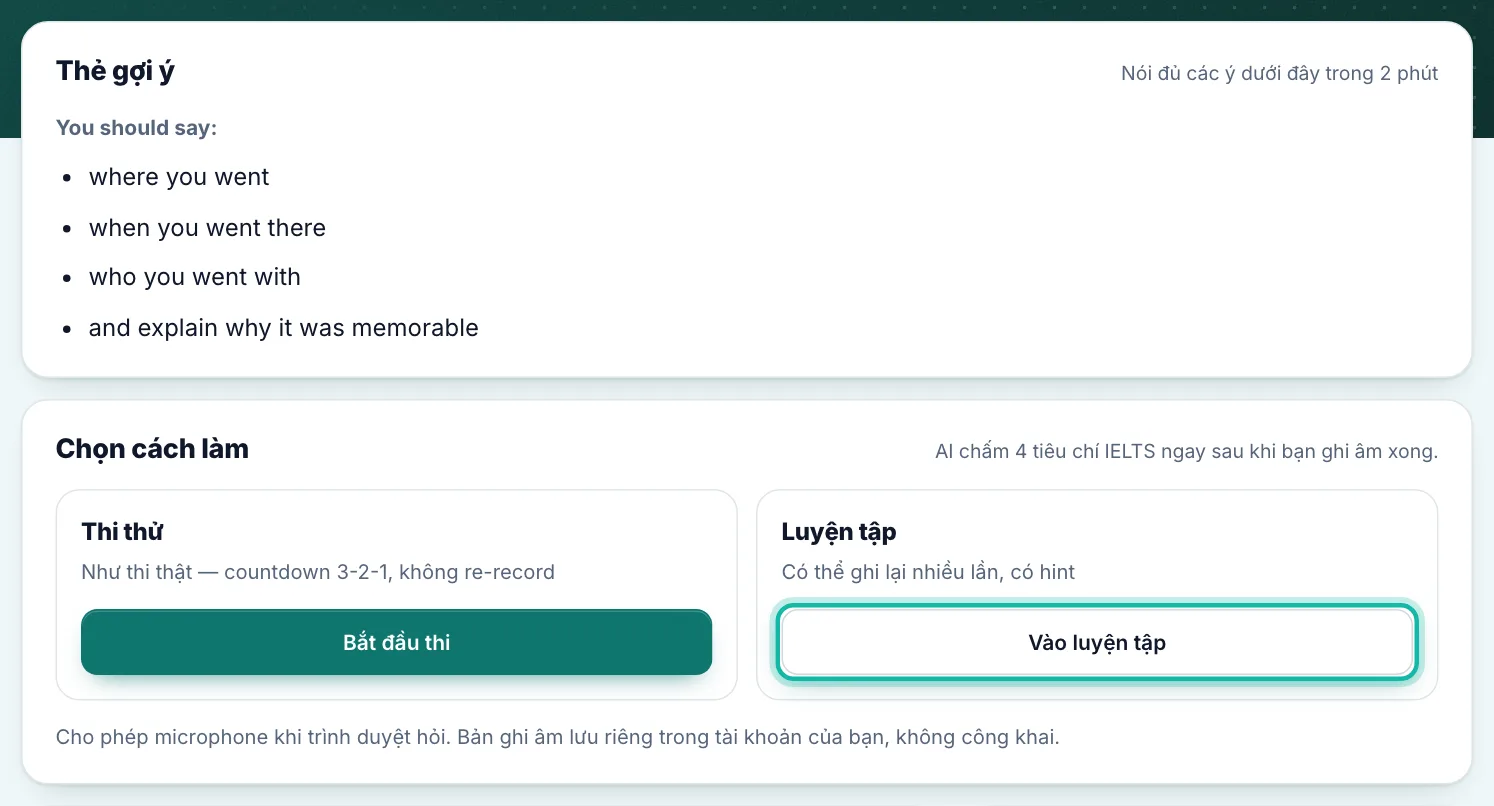 Thẻ gợi ý và khung Chọn cách làm, nút Vào luyện tập được khoanh