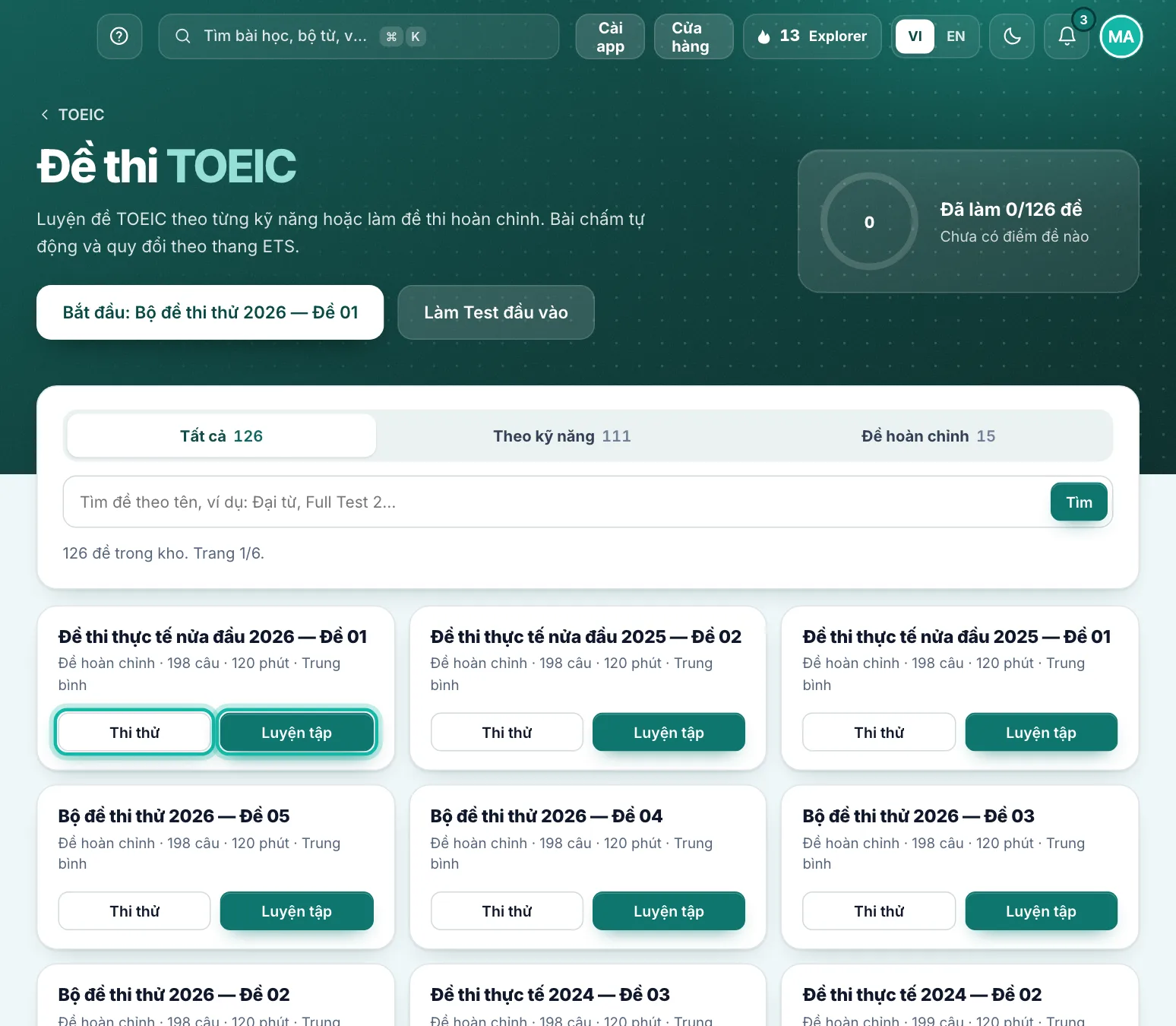 Danh sách đề thi TOEIC, hai nút Thi thử và Luyện tập của một đề được khoanh