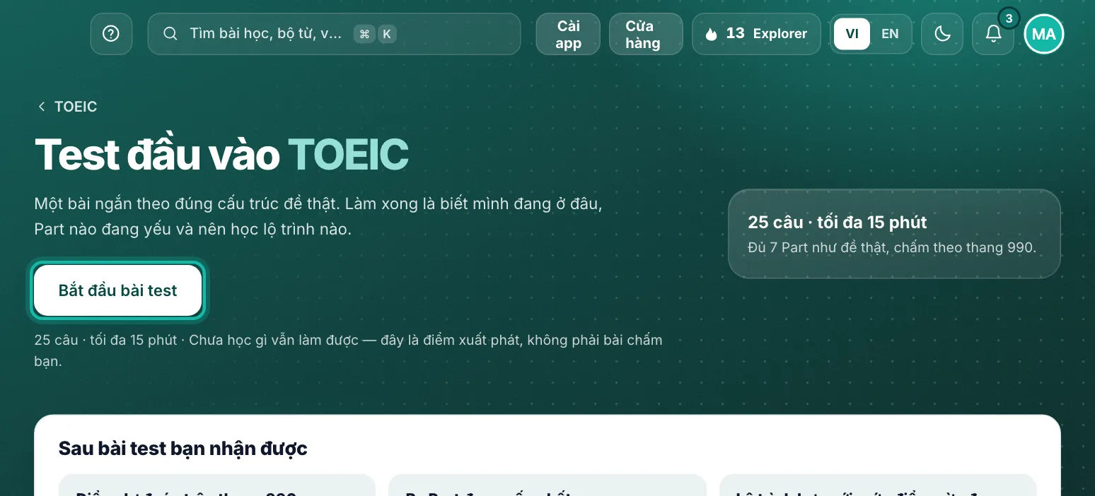 Trang Test đầu vào TOEIC, nút Bắt đầu bài test được khoanh