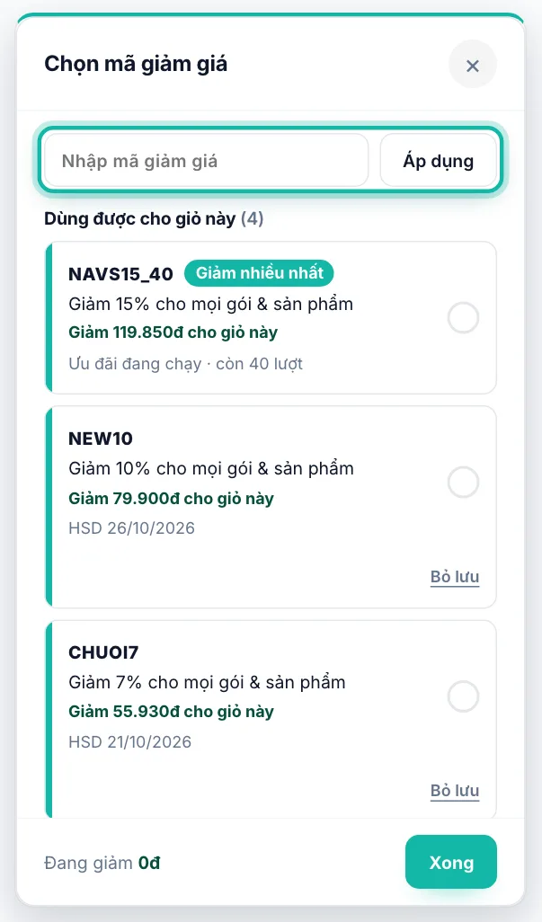 Ô Nhập mã giảm giá và nút Áp dụng được khoanh