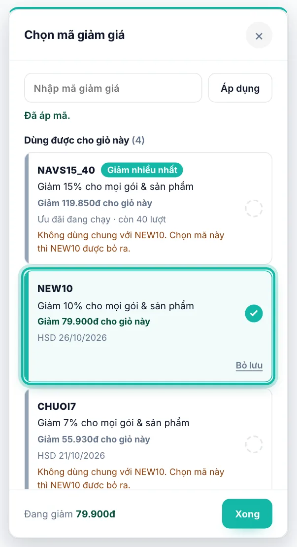 Ngăn Chọn mã giảm giá, một mã đã được chọn được khoanh