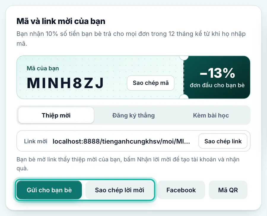 Khung Mã và link mời của bạn, nút Gửi cho bạn bè và Sao chép lời mời được khoanh