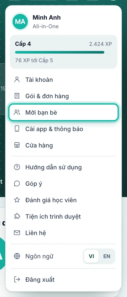 Menu tài khoản, dòng Mời bạn bè được khoanh