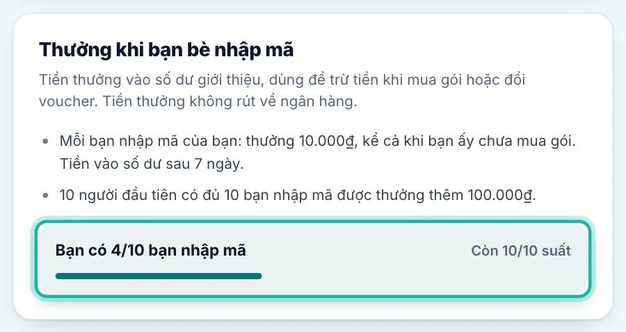 Khung Thưởng khi bạn bè nhập mã, dòng số bạn đã nhập mã được khoanh