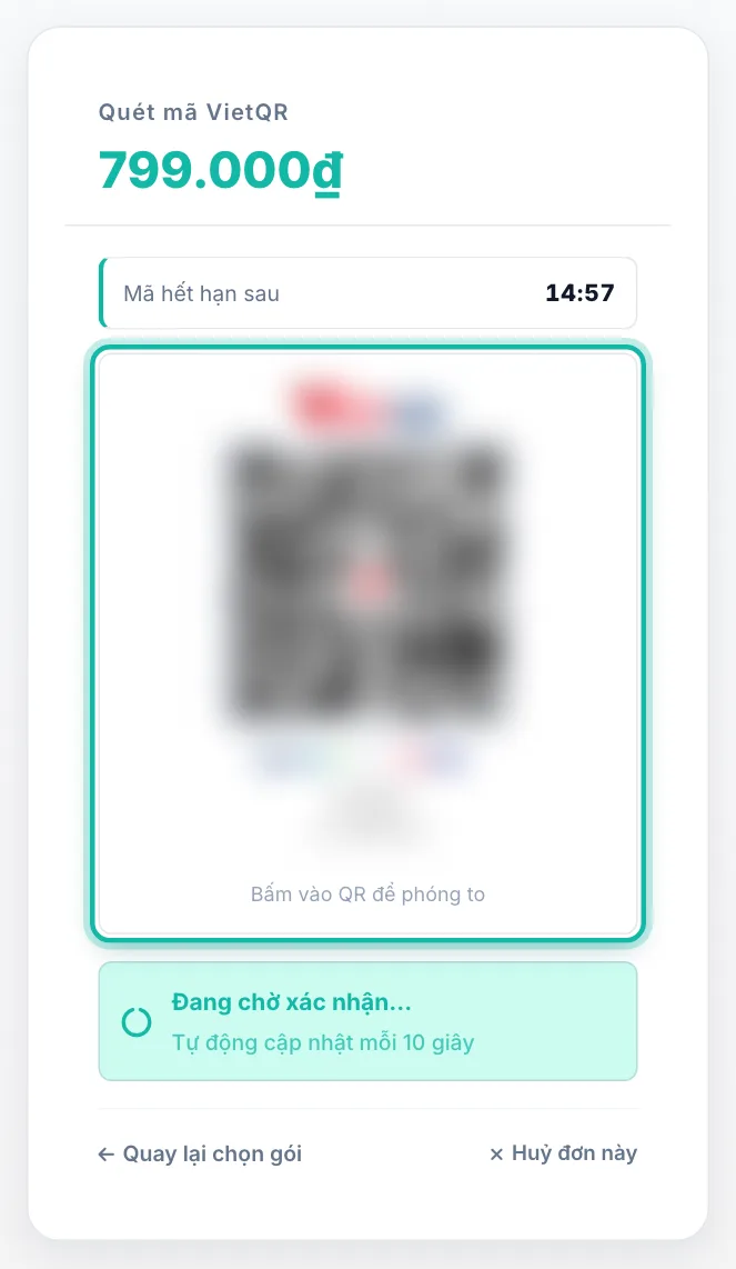 Trang thanh toán, mã QR được khoanh