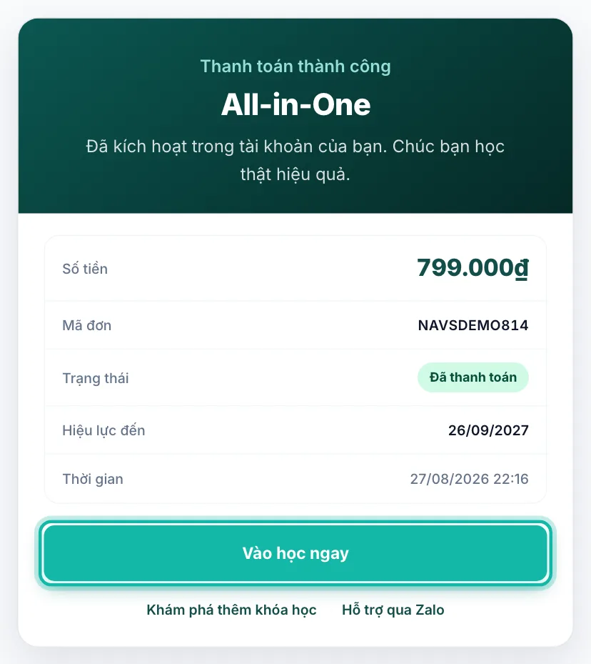 Trang thanh toán thành công, nút Vào học ngay được khoanh