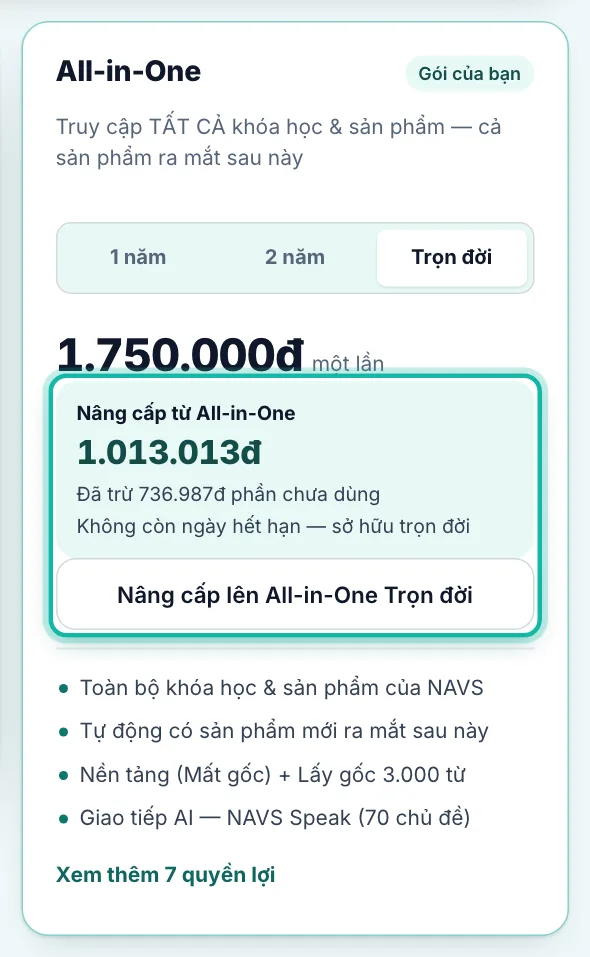 Khung gói All-in-One Trọn đời, phần Nâng cấp từ và nút Nâng cấp lên được khoanh