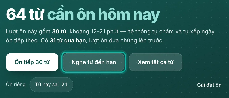 Trang Ôn tập, nút Nghe từ đến hạn được khoanh