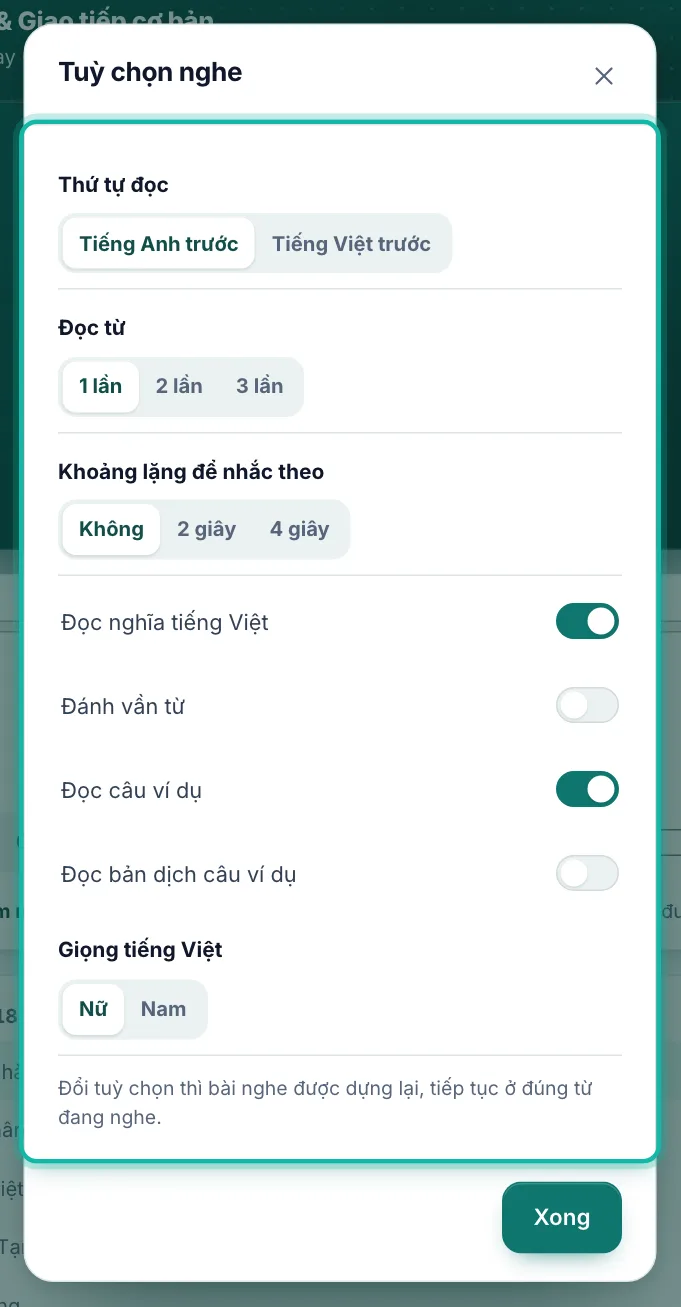 Bảng Tuỳ chọn nghe được khoanh