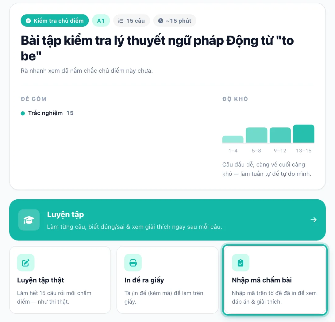 Trang một bài tập, khung Nhập mã chấm bài được khoanh