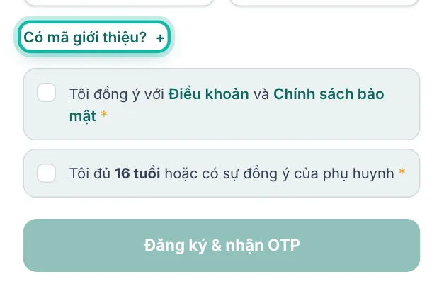 Trang đăng ký, dòng Có mã giới thiệu? được khoanh