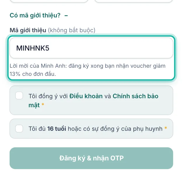 Trang đăng ký, ô Mã giới thiệu đã điền sẵn được khoanh