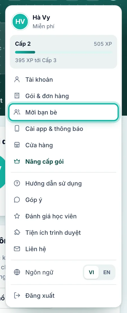 Menu tài khoản, dòng Mời bạn bè được khoanh
