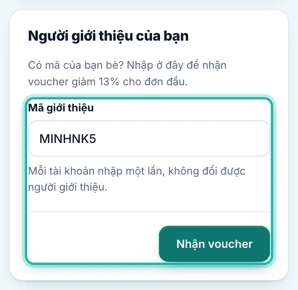 Khung Người giới thiệu của bạn, ô Mã giới thiệu và nút Nhận voucher được khoanh