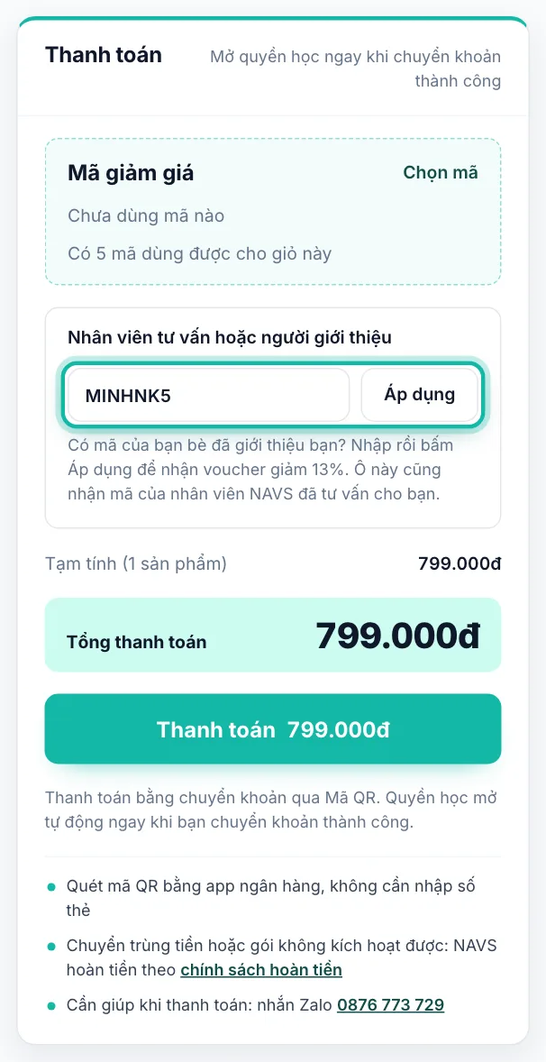 Ô nhập mã người giới thiệu trong giỏ hàng được khoanh