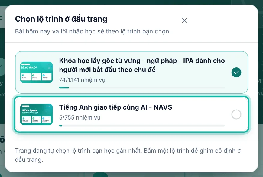 Hộp Chọn lộ trình ở đầu trang, lộ trình NAVS Speak được khoanh