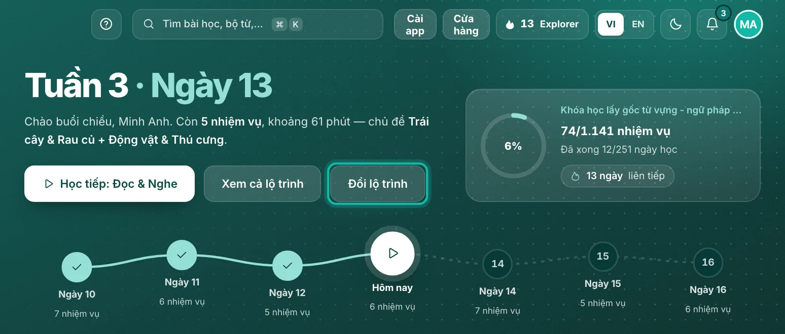Phần đầu Home NAVS, nút Đổi lộ trình được khoanh