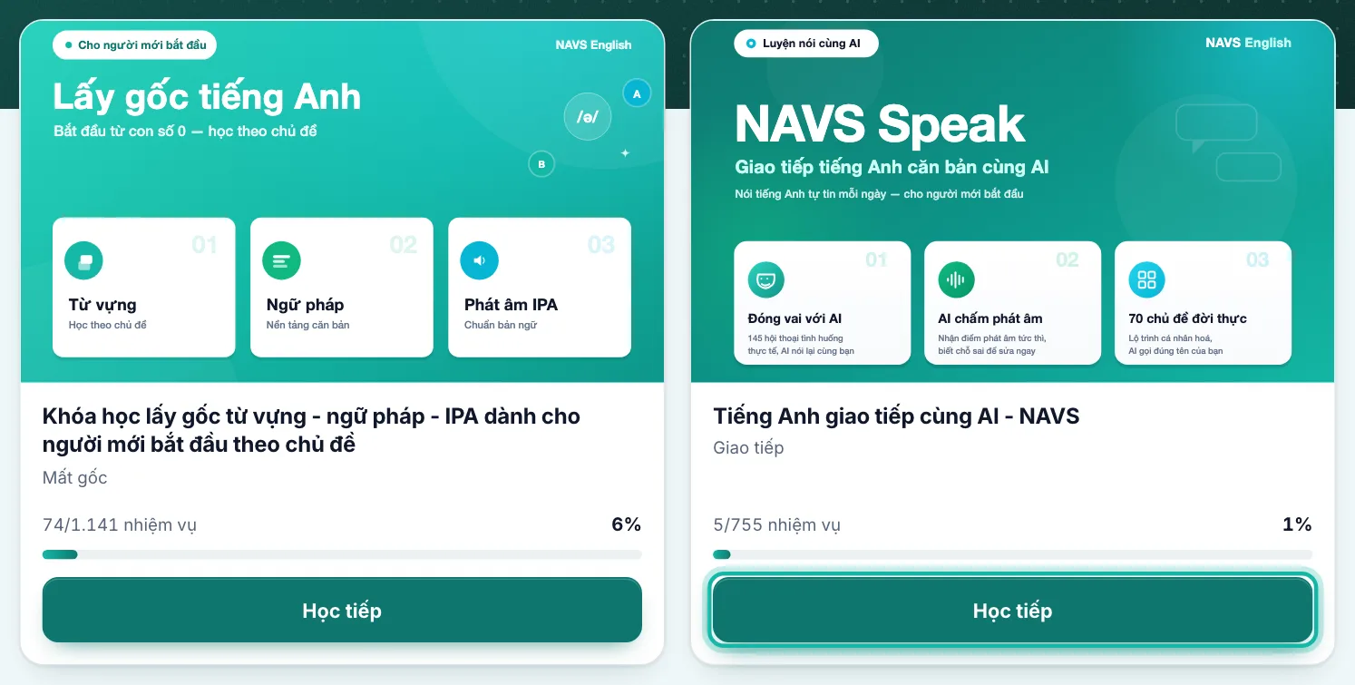 Khung lộ trình NAVS Speak trên trang Lộ trình của tôi, nút Học tiếp được khoanh