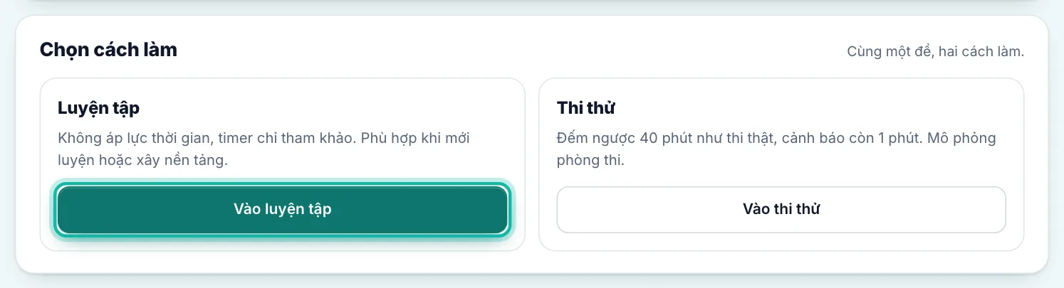 Khung Chọn cách làm, nút Vào luyện tập được khoanh