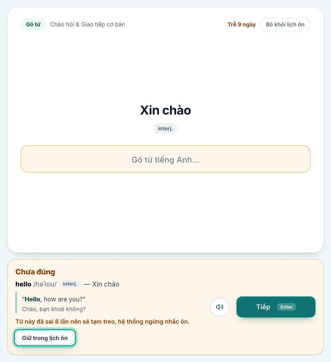 Tấm kết quả báo từ sắp tạm treo, nút Giữ trong lịch ôn được khoanh