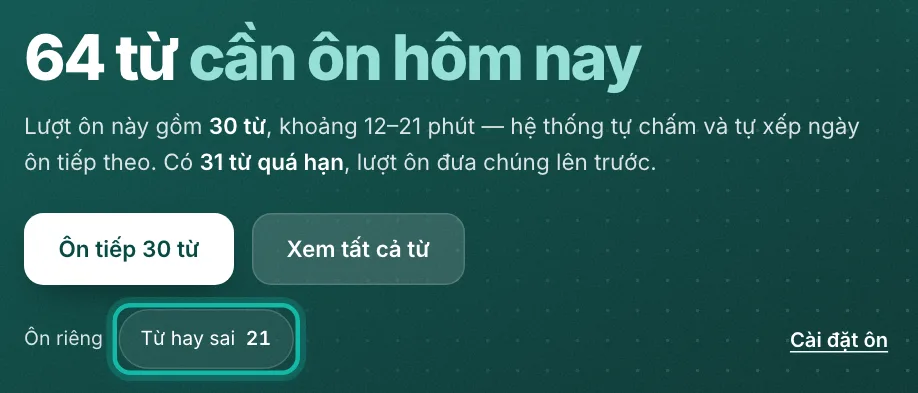 Hàng Ôn riêng trên trang Ôn tập, nút Từ hay sai được khoanh