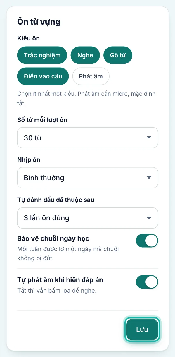 Khung Ôn từ vựng, nút Lưu được khoanh
