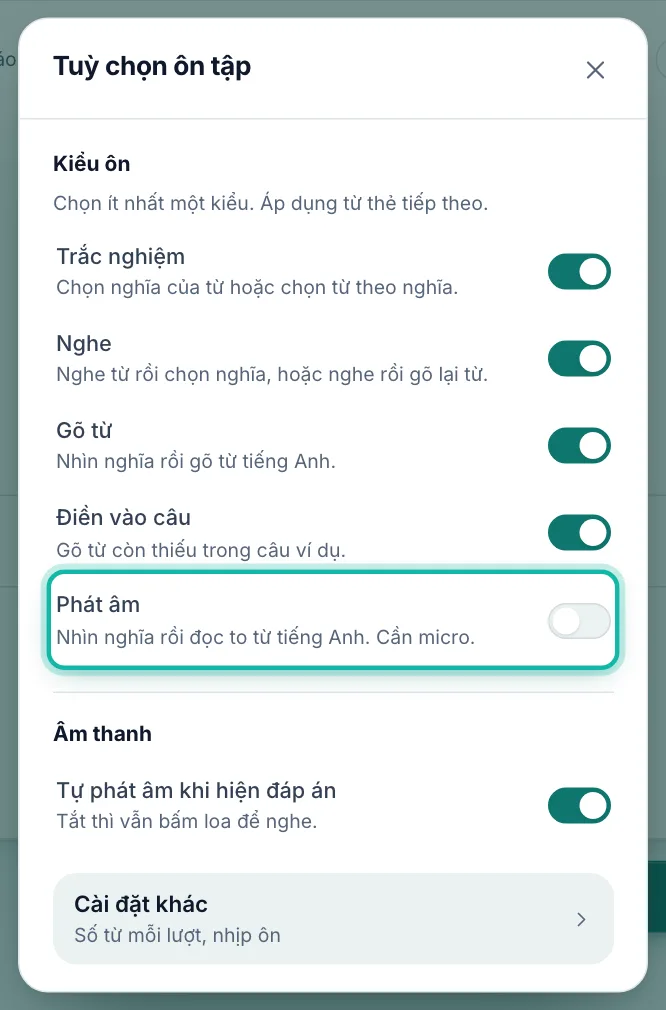 Bảng Tuỳ chọn ôn tập, công tắc Phát âm được khoanh
