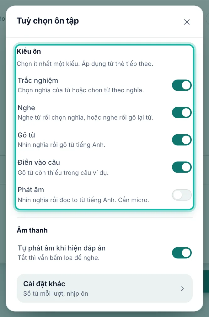 Bảng Tuỳ chọn ôn tập, mục Kiểu ôn được khoanh