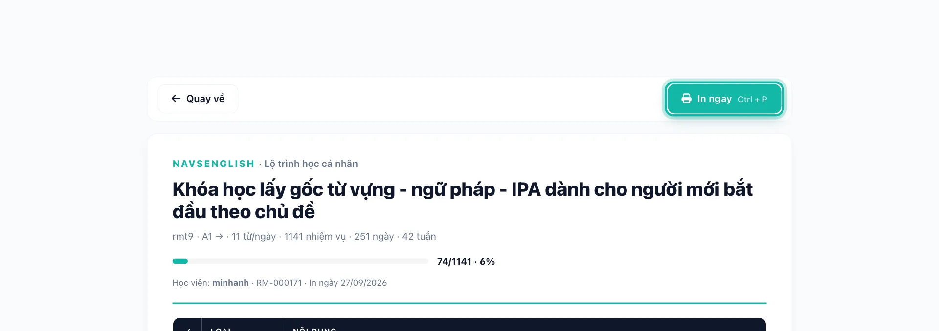 Trang bản in lộ trình, nút In ngay được khoanh