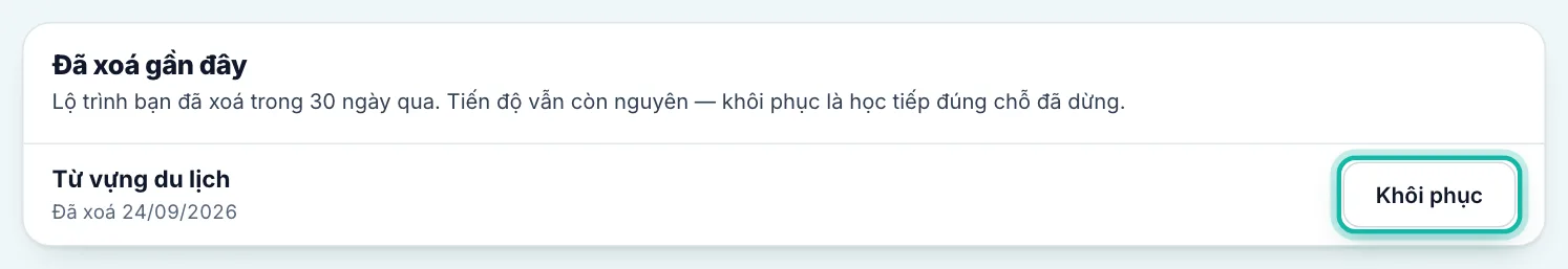Mục Đã xoá gần đây, nút Khôi phục được khoanh