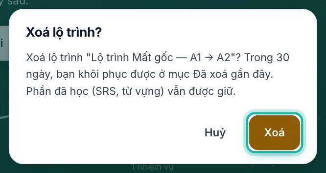 Hộp Xoá lộ trình, nút Xoá được khoanh