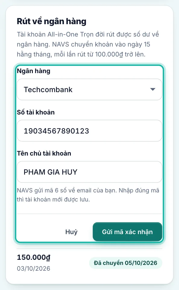 Các ô Ngân hàng, Số tài khoản, Tên chủ tài khoản và nút Gửi mã xác nhận được khoanh