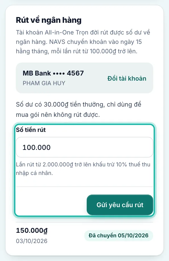 Ô Số tiền rút và nút Gửi yêu cầu rút được khoanh