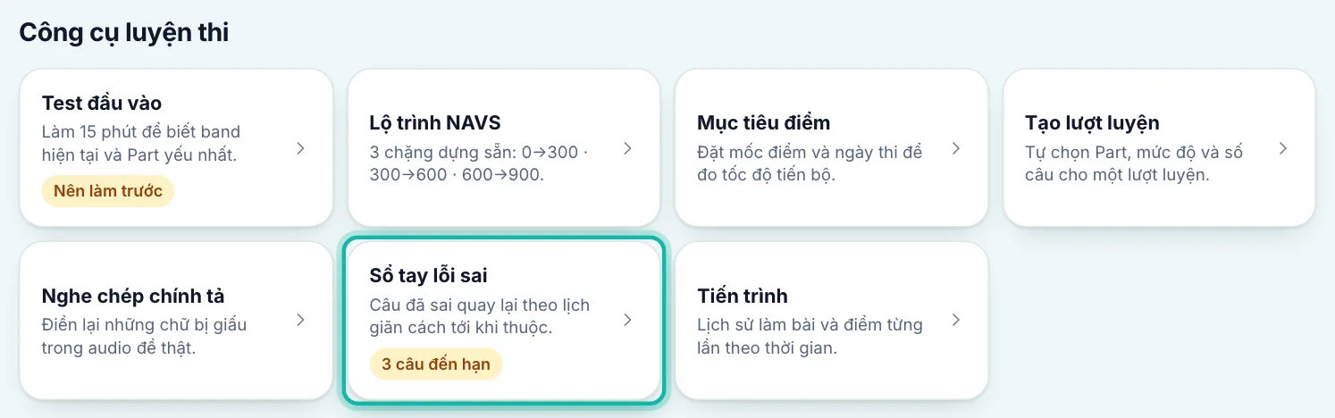 Phần Công cụ luyện thi trên trang TOEIC, khung Sổ tay lỗi sai được khoanh