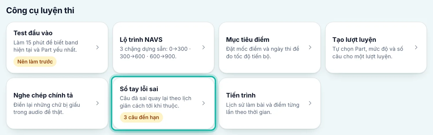 Phần Công cụ luyện thi trên trang TOEIC, khung Sổ tay lỗi sai được khoanh