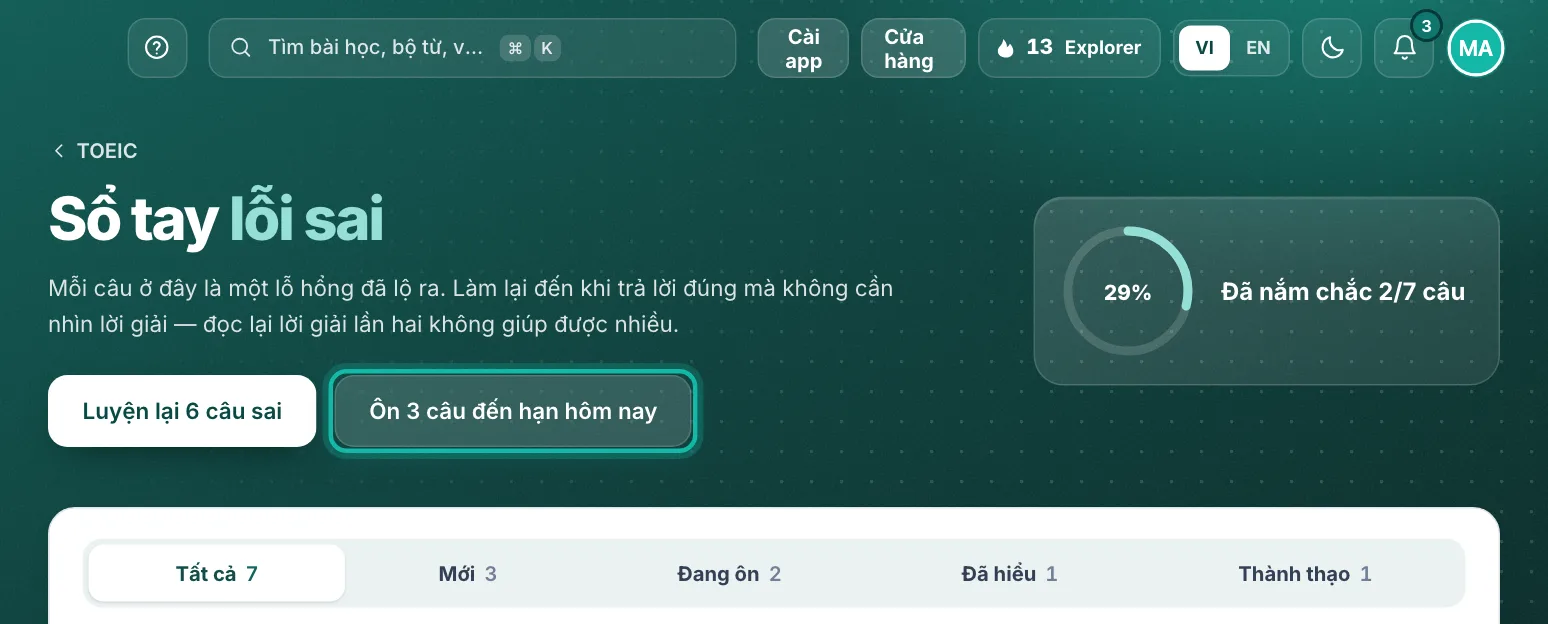 Đầu trang Sổ tay lỗi sai, nút Ôn câu đến hạn hôm nay được khoanh