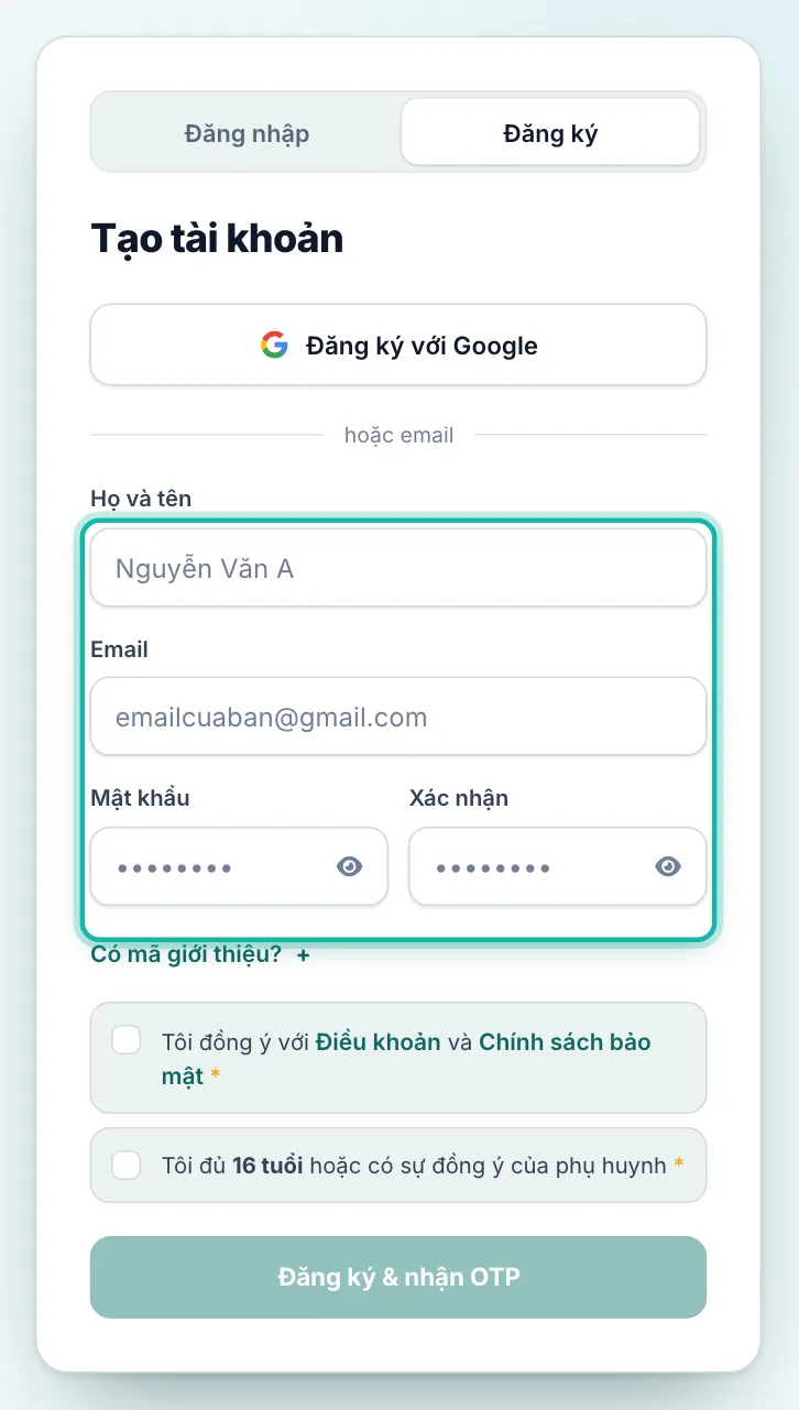 Ô họ tên, email và hai ô mật khẩu được khoanh