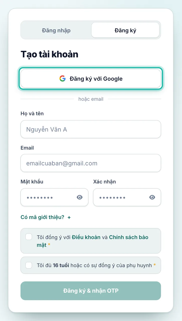 Trang Tạo tài khoản, nút Đăng ký với Google được khoanh