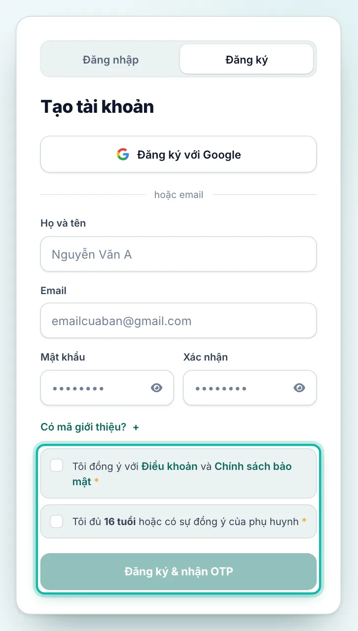 Hai ô đồng ý và nút Đăng ký & nhận OTP được khoanh