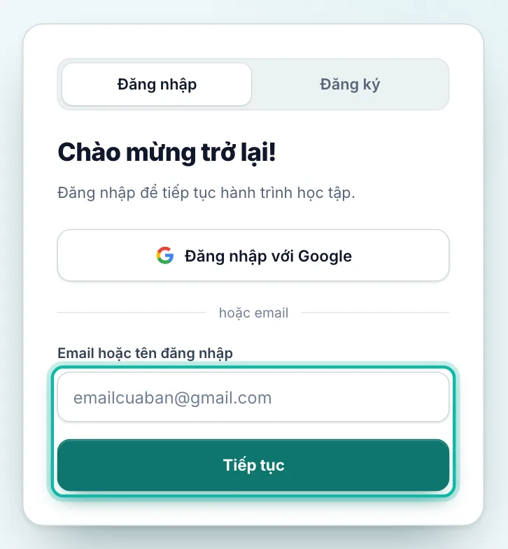 Màn đăng nhập, ô email và nút Tiếp tục được khoanh