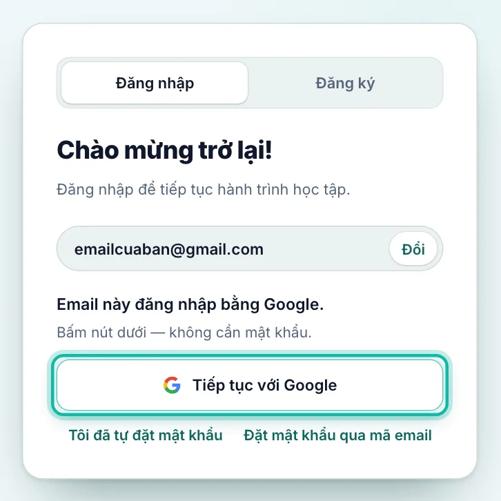 Màn hình với tài khoản Google, nút Tiếp tục với Google được khoanh