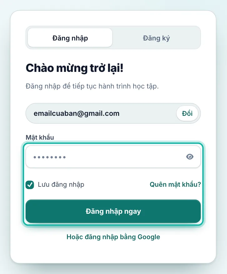 Ô Mật khẩu và nút Đăng nhập ngay được khoanh