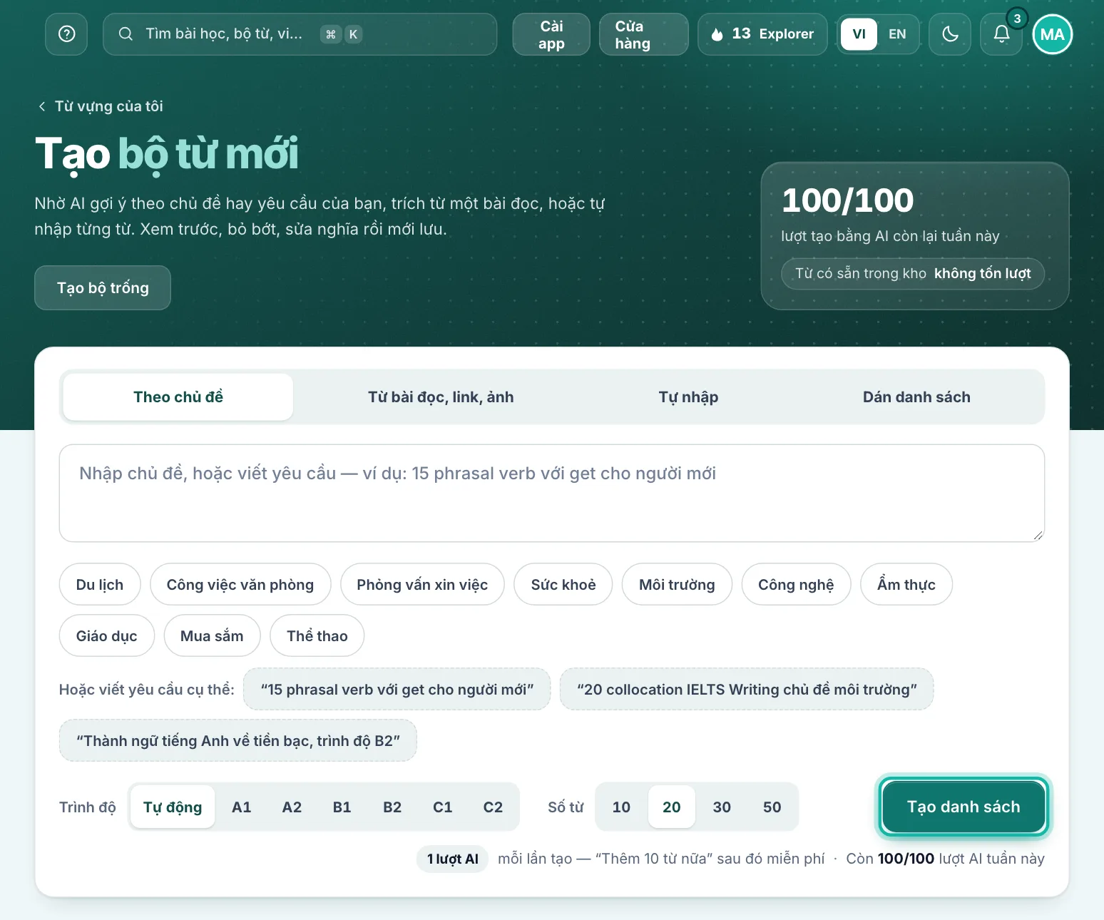 Trang Tạo bộ từ mới, nút Tạo danh sách được khoanh