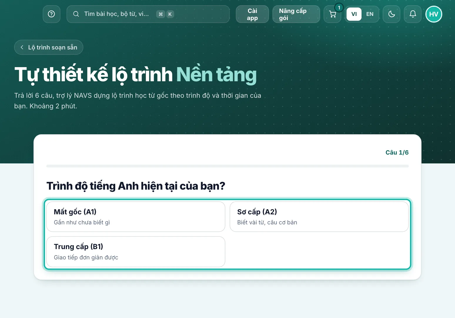 Câu hỏi đầu tiên của trợ lý, các lựa chọn trình độ được khoanh