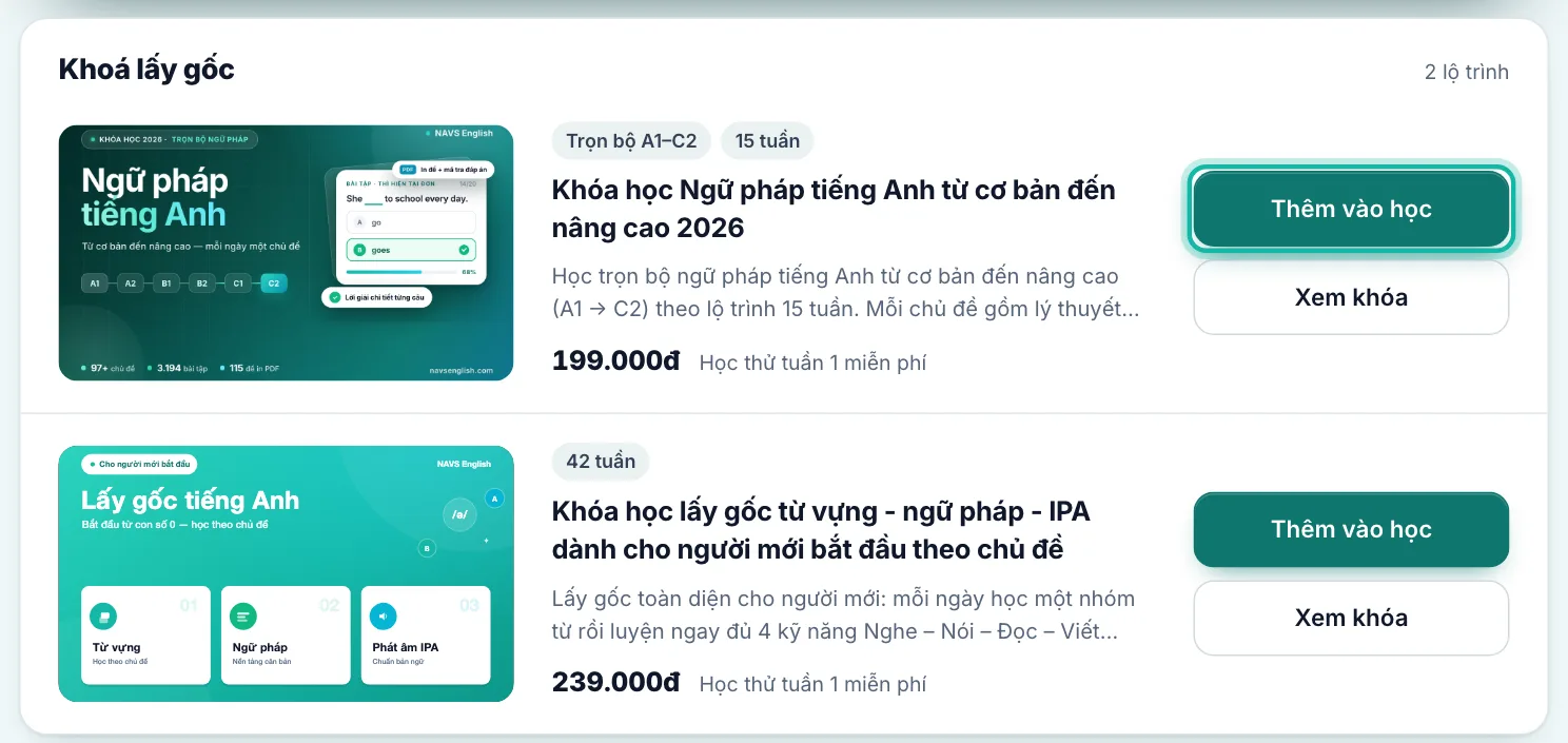 Khung một khoá lấy gốc, nút Thêm vào học được khoanh