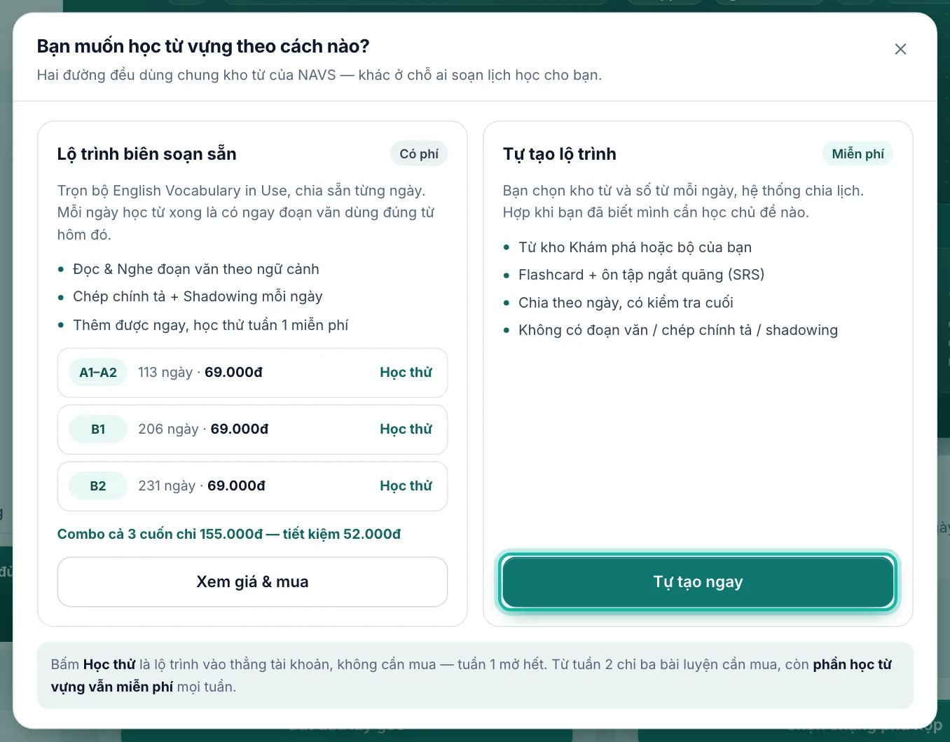 Hộp chọn cách học từ vựng, nút Tự tạo ngay được khoanh