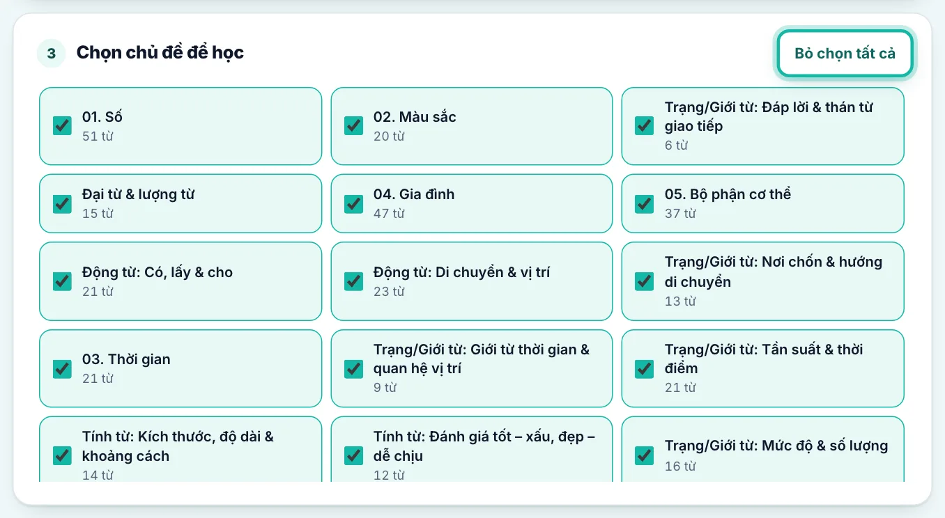 Phần Chọn chủ đề để học, nút Bỏ chọn tất cả được khoanh